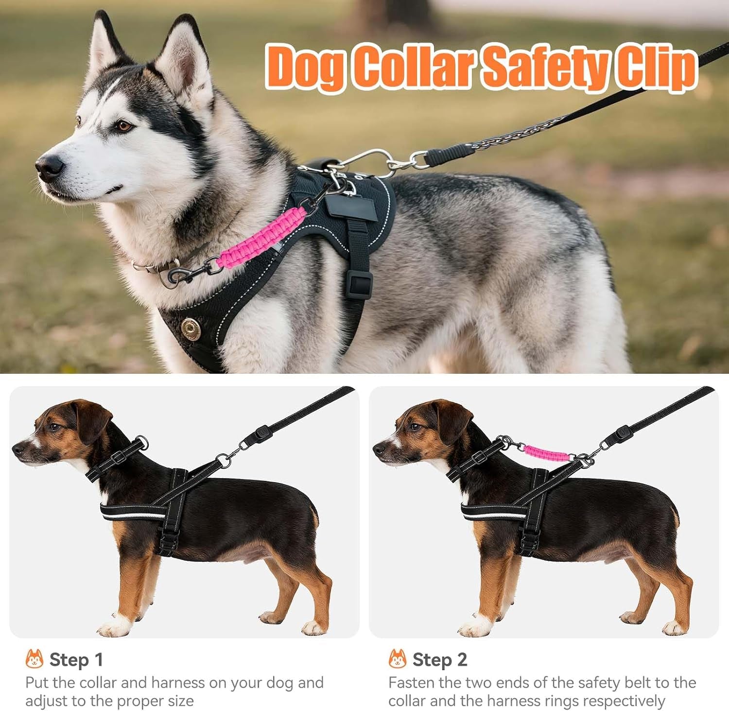 dog-collar-safety-clip-collar-companion-handmade-backup-safety-strap-double-ended-clip-leash-connector-suitable-for-dog-harnesses-prong-pinch-collars-pink-1-pack