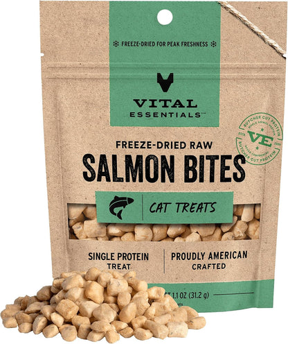 Vital Essentials Freeze Dried Cat Treats, Salmon Bites, 1.1 Oz Bag | Crunchy, Single Protein, Premium Quality, Grain Free, USA Made with U.S. & Globally Sourced Ingredients1