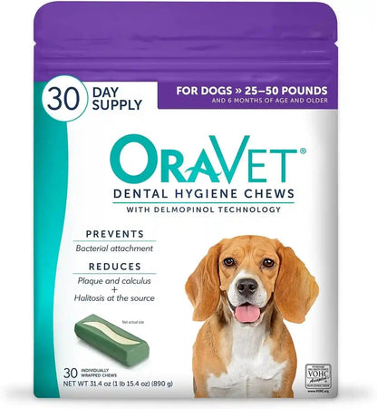 ORAVET Dental Chews for Dogs, Oral Care and Hygiene Chews (Medium Dogs, 25-50 Lbs.) Purple Pouch, 30 Count | Vohc-Accepted Dual-Action Chew Reduces Plaque & Tartar, Freshens Breath Barrier Vet-Recommended Purple Pack10