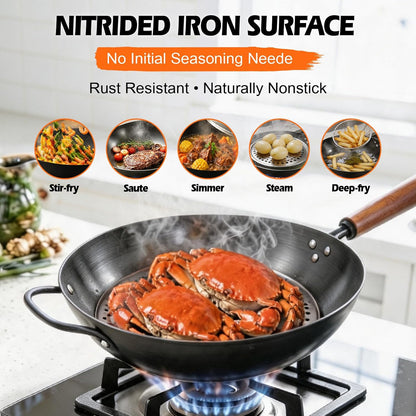 13In Carbon Steel Wok Pan with Glass Lid, Pre-Seasoned Flat Bottom Wok | Wok for Gas Electric Induction Cooktops,Naturally Seasoned Stir Fry Pan with Wooden Handle for BBQ Camping Everyday Cooking6