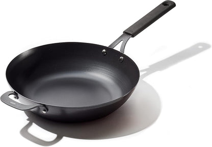 OXO Obsidian Pre-Seasoned Carbon Steel, 12" Wok Pan with Removable Silicone Handle Holder, Induction, Oven Safe, Black1
