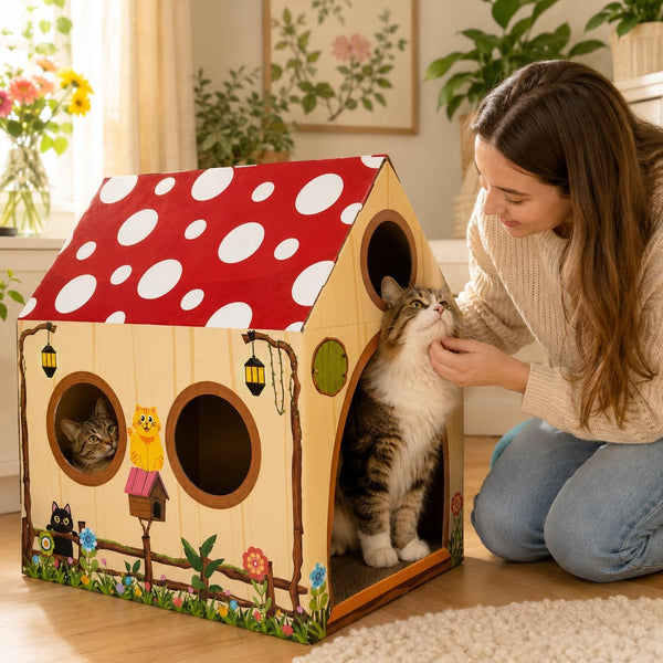 Cinrobiye Cardboard Cat House with Scratcher, Indoor Cat Condo Cat Cave Hideout with Scratch Pad, Cardboard Cat Playhouse Bed for Cats, Kittens, Rabbits & Small Pets (Mushroom)5