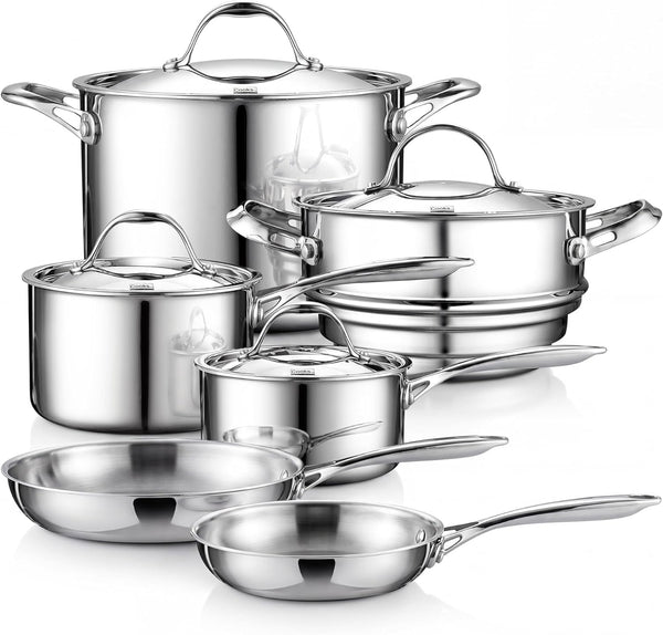 Fully Multi-Ply Clad Stainless Steel Pot & Pan Cookware Set | Saucepan, Steamer & Stockpot with Lids & Fry Pans. Fits Induction, Electric & Gas Cooktops. 10-Piece1