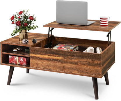 Lift Top Coffee Table with Hidden Storage, Adjustable Shelf, Brown | Mid Century Modern Wooden Coffee Table, for Dining/Living Rooms/Offices; 39.4"W X 19.7"D X 16.9"H1