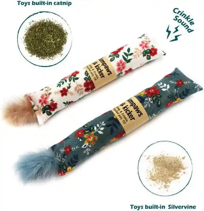 Jumpaws 2 Pack Natural Interactive Catnip & Silvervine Cat Kicker with Feathers, Bite Resistant Chew Toy, Crinkle Kicker, Accessories for Indoor Cat, Premium Corduroy Floral4