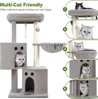 Small Cat Tree Tower for Indoor Cats, 40 in Medium Cat Bed Scratching Posts | Multi Level Compact Kitty Kitten Houses Climbing Trees Stands with 2 Condos Sisal Post Perch Platform Hammock Plush Toy Balls4