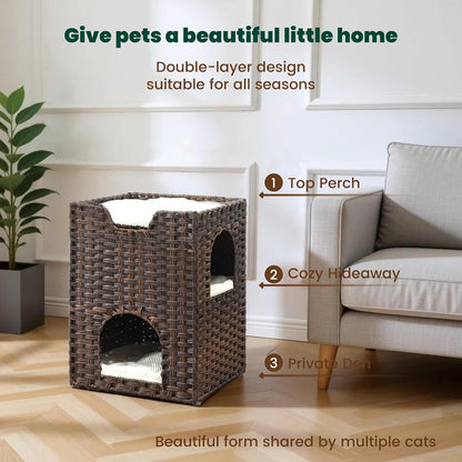 Cat Bed for Indoor Cats, a Stylish Cat Hideaway & Cat House - Handwoven Rattan Cat Cave Bed with Soft Cushion, Foldable Cat Cubes for Indoor Cats, Sturdy Cat Perch & Furniture Coffee Brown3