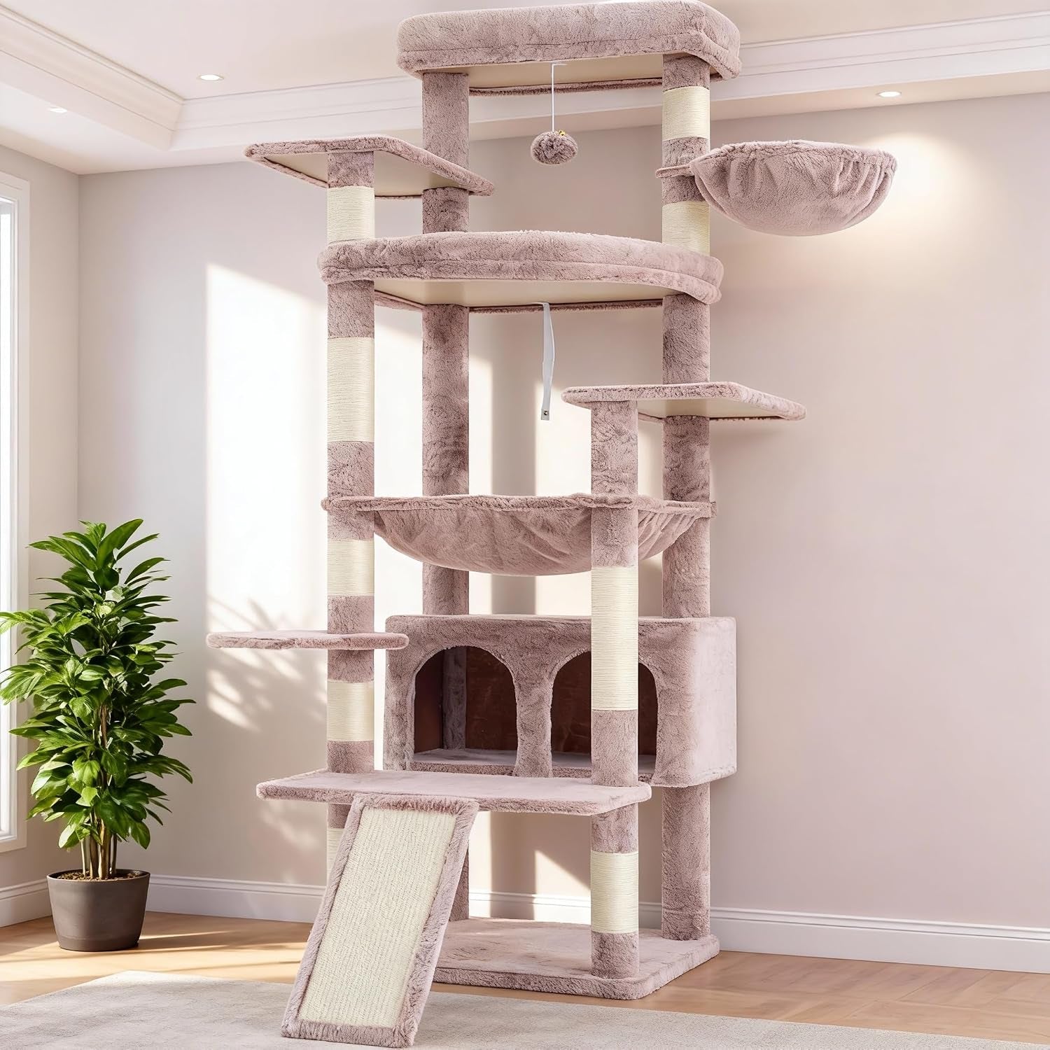 heybly-cat-tree-71-inch-tall-tower-for-indoor-cats-with-2-perches-hct034w-large-cat-furniture-with-2-big-condos-2-hammocks-basket-scratching-pad-multi-level-cat-condo-light-gray