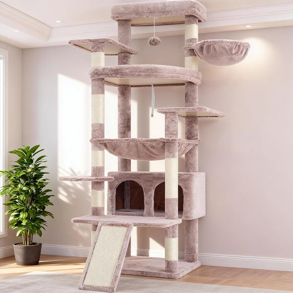 Heybly Cat Tree, 71-Inch-Tall Tower for Indoor Cats with 2 Perches HCT034W | Large Cat Furniture with 2 Big Condos, 2 Hammocks, Basket, Scratching Pad, Multi-Level Cat Condo, Light Gray25