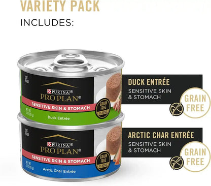 Purina Pro Plan Sensitive Skin and Stomach Wet Cat Food Variety Pack, Duck and Artic Char Entrees - (Pack of 24) 3 Oz. Cans2