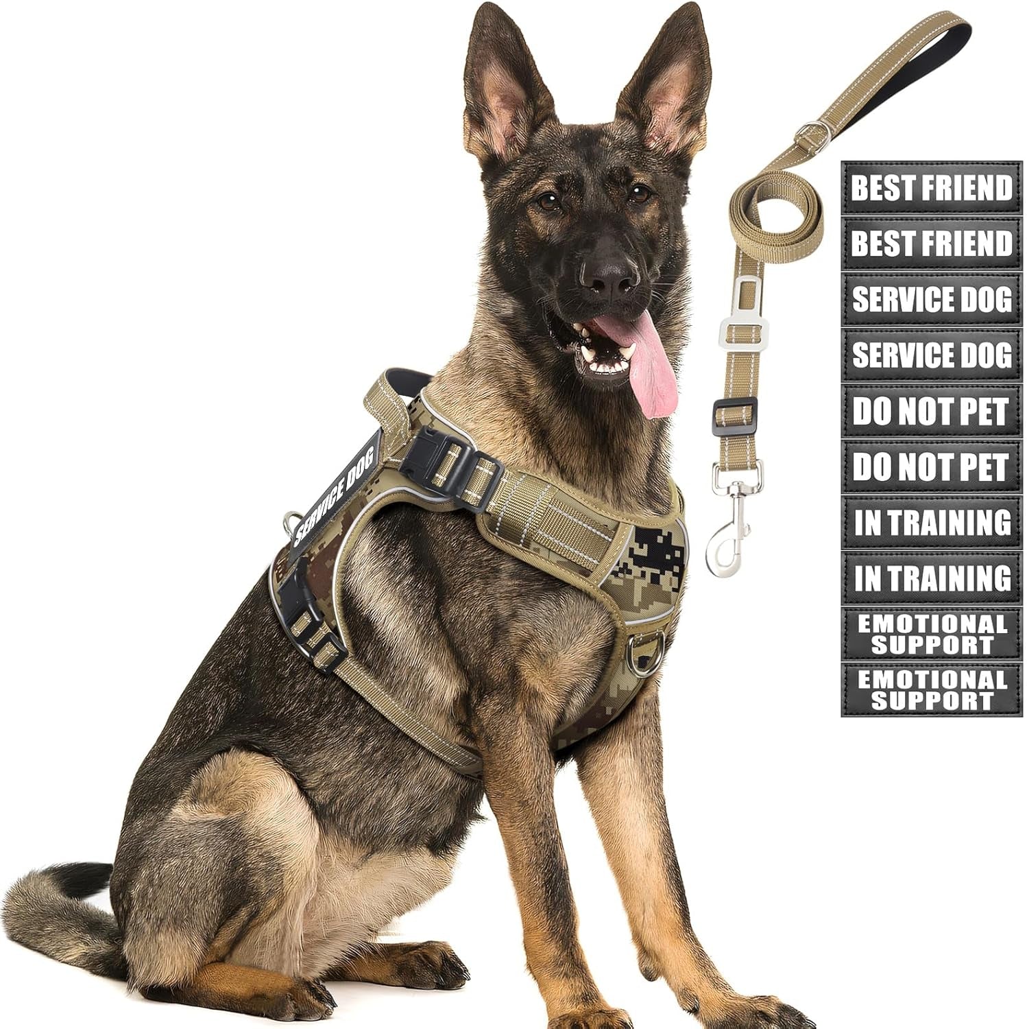 tactical-dog-harness-and-leash-set-with-10-patches-for-large-dogs-heavy-duty-no-pull-service-animal-dog-vest-with-dog-seat-belt-adjustable-reflective-easy-walk-for-training-hiking-camo-l