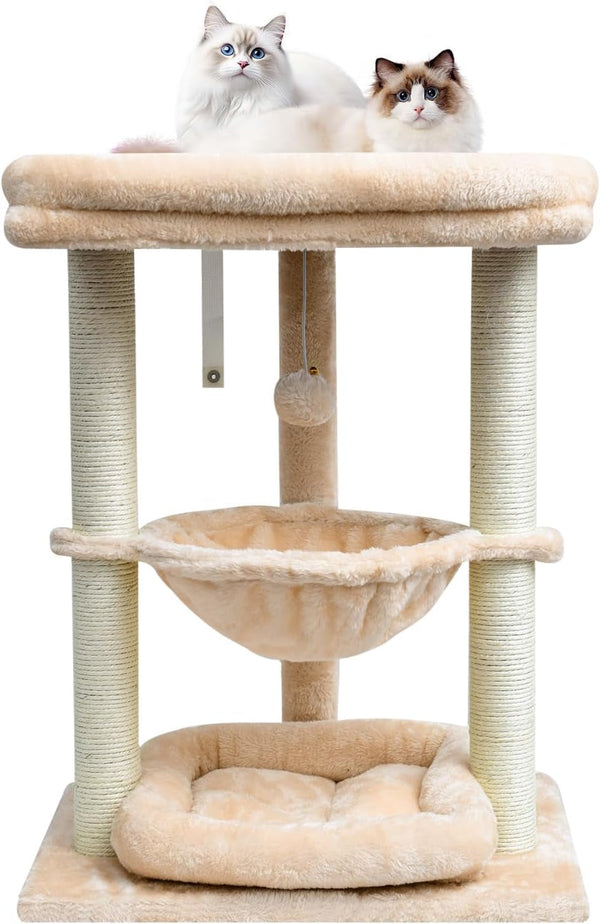 SYANDLVY Leopard Print Small Cat Tree with Top Perch, Hammock & Bottom Bed | 3 Level, Natural Sisal Scratching Post Tower with Hanging Bell Ball and Anti-Tip Strap, Stable Indoor Cat Furniture10