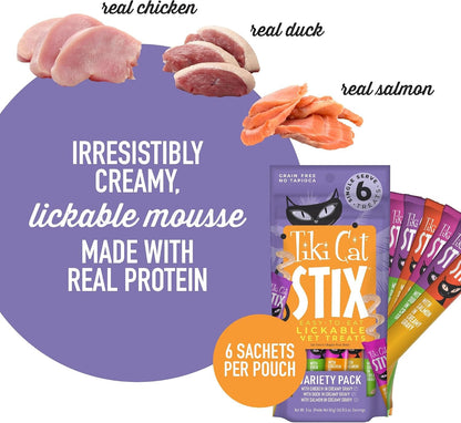 Tiki Cat Stix Mousse Treats, Single Serve Indulgent Lickable Treat or Dry Food Topper, Variety Pack with Salmon, Chicken, and Tuna, 3 Oz. Pouch4