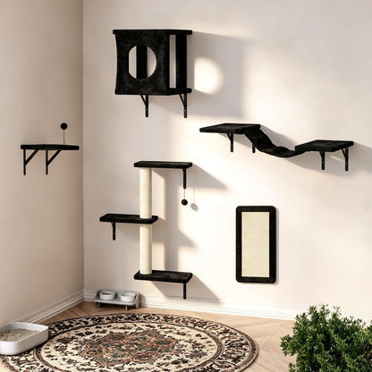 12-In-1 Cat Wall Shelves, Wall Mounted Cat Climber | with Condo House, Scratching Post, Bridge Ladder, Space-Saving Indoor Play Furniture for Kittens, Black11