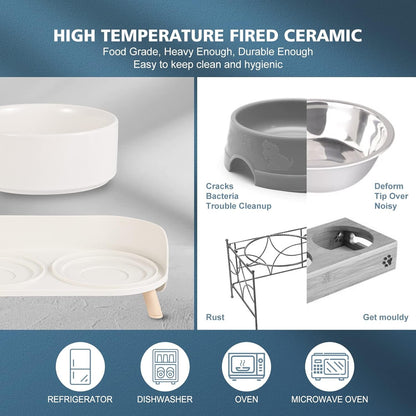 Elevated Ceramic Dog Bowl Set - Double Dog Feeding Bowls with Stand Splash Proof - Raised Dishes for Food and Water - Ideal for Small to Medium Dogs - 2 X 720 Ml - 11.3 Oz - White3