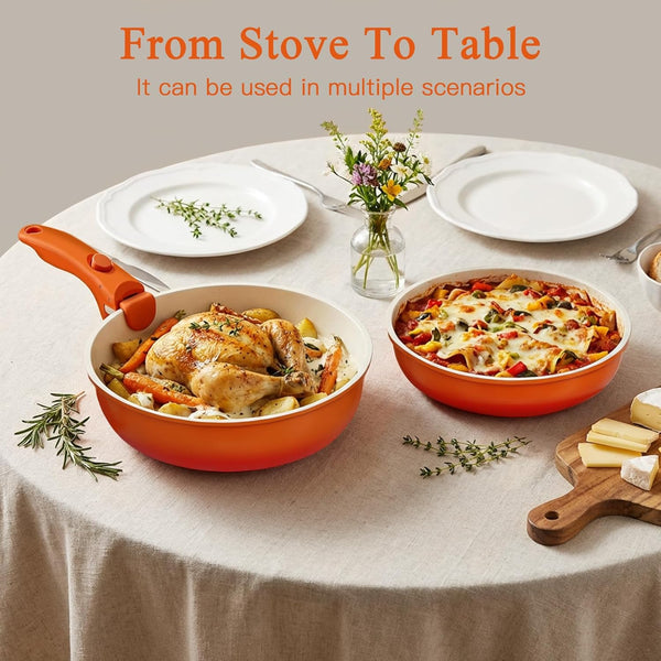 11Pcs Pots and Pans Set Non Stick, Nonstick Cookware Set Detachable Handle, Ceramic Pots for Cooking Non Stick with Removable Handle, RV Cookware Set for All Stoves, Orange Gradient8