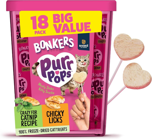 Bonkers Purrpops Freeze Dried Chicken & Catnip Flavor Lollipop Cat Treats, Healthy Real Meat Treats, Training Treats or Food Topper, for All Breeds and Ages, Value Pack (18 Pieces)1