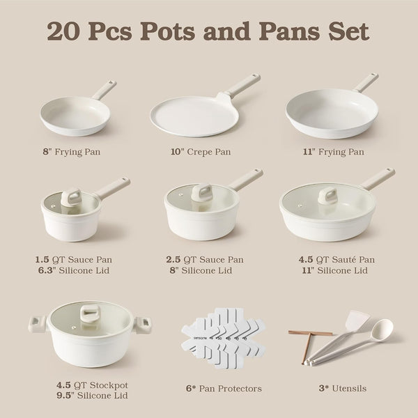 Ceramic Pots and Pans Set Nonstick, 20Pcs Cookware Set, White | Non Stick Ceramic Coating, Non-Toxic Healthy Kitchen Cooking Set, Induction Compatible, Dishwasher Safe, PFAS/PTFE/PFOA Free2