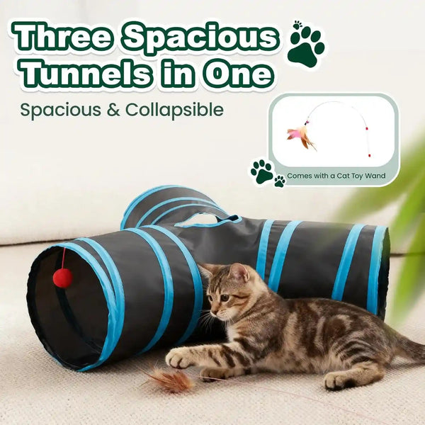 Love’S Cabin Cat Tunnel for Indoor Cats, 3-Way Collapsible Play Tunnel with Teaser Wand, Peek Holes & Toy Ball, Small Pet Toy for Kittens & Rabbits, Black & Blue, Small Size5
