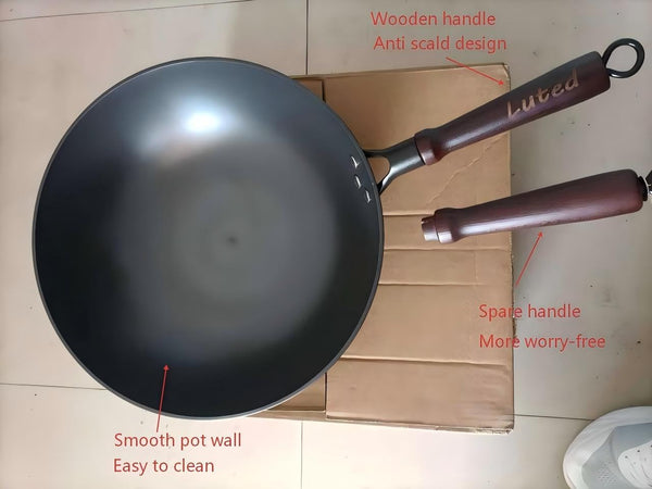 Chinese Wok with Lid, 13.4 Inch Flat Bottom, Cast Iron | Stir-Fry Deep Fryer, Uncoated for Open Fire, PFAS PFOA Free, Riveted Solid Wood Handle, for about 3-5 People6