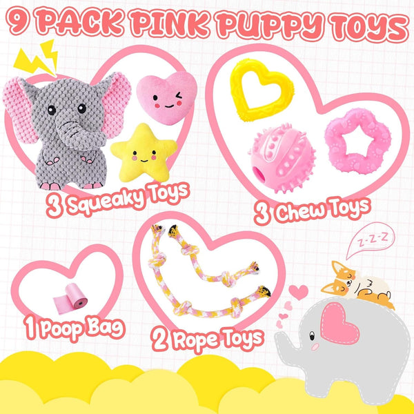 XIUGOAL Pink Puppy Toys - 9 Pack Puppy Chew Toys for Teething, Enrichment Dog Toys for Small Dogs to Keep Them Busy, Squeaky Plush Toy for Boredom2