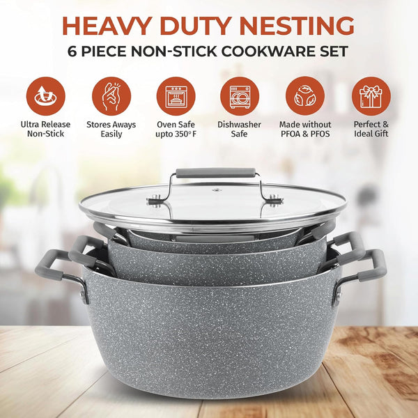 Gray Pots and Pans Set Nonstick, 6 Stackable Piece Cooking Pots Set, Kitchen Pots, Non Stick Coating, 5Qt 3Qt & 1.5Qt Pots with Lids, Stay Cool Handles Dishwasher Safe 100% Toxin Free5