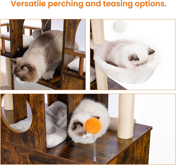 Heybly Cat Tree with Litter Box Enclosure for Indoor Big Cat, Cat Tower for Large Cats 20 Lbs Heavy Duty, Modern Cat Condo Furniture with Scratching Posts, Rustic Brown HCT110SR7
