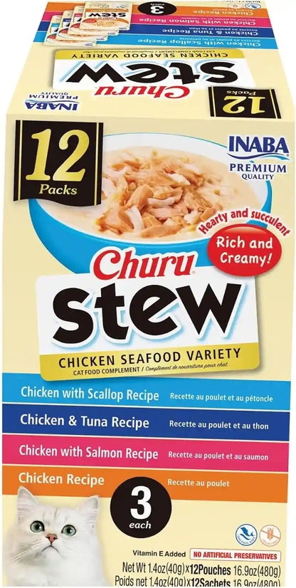 INABA Churu Stew for Cats, Side Dish Pouch with Vitamin E, 1.4 Ounces per Pouch, 12 Pouches, Chicken & Seafood Variety1