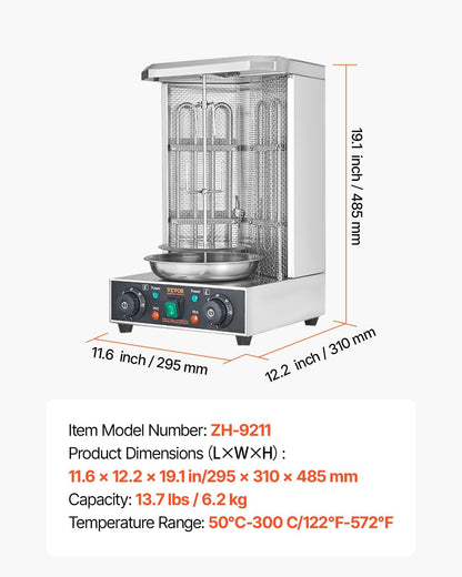 Shawarma Grill Machine, 122°F-572°F, 13Lbs Capacity, Chicken Shawarma Cooker Machine with 2 Burners, Stainless Steel, Electric Vertical Broiler Gyro Rotisserie Oven for Home and Commercial Use7