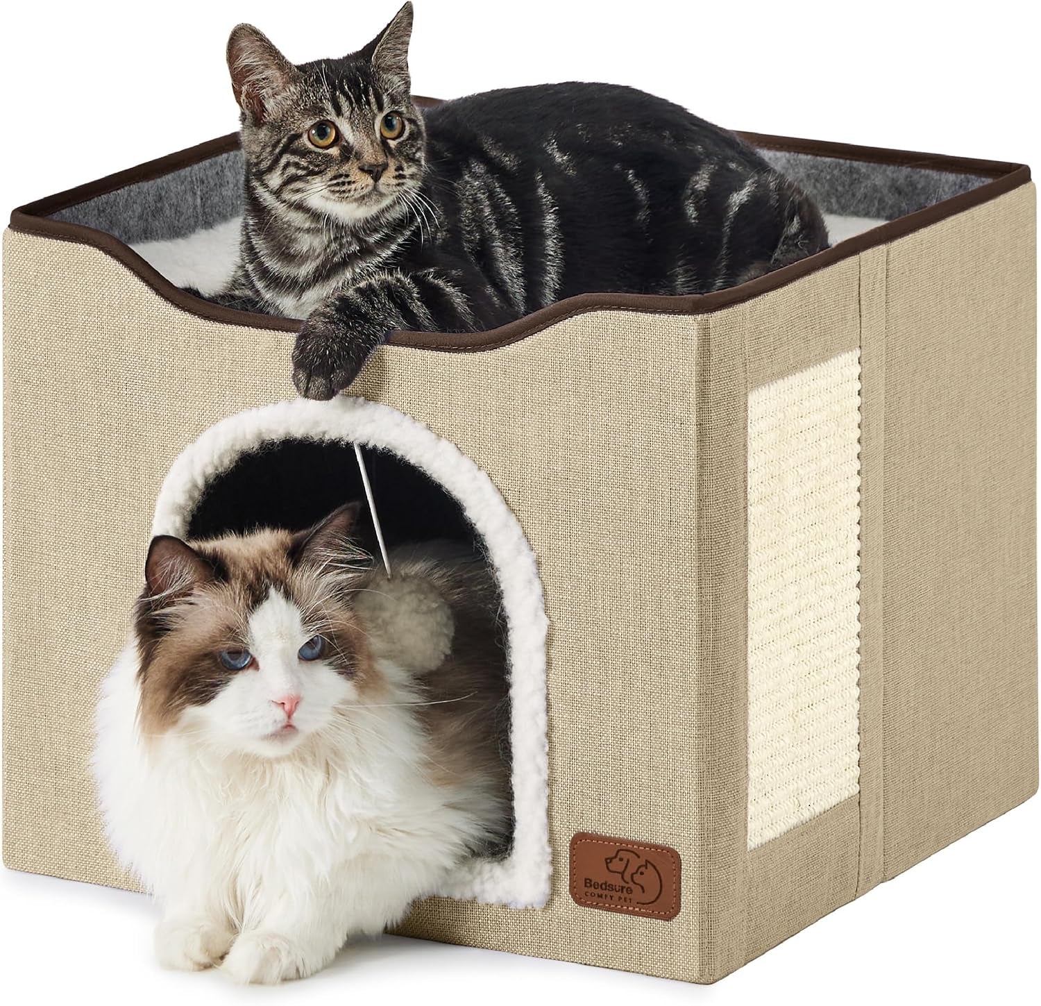 bedsure-cat-house-bed-for-indoor-cats-with-fluffy-ball-and-scratch-pad-grey-16-5x16-5x13-in-large-cat-cave-for-multiple-pets-foldable-cat-hideway-cube-for-sleeping-kitten