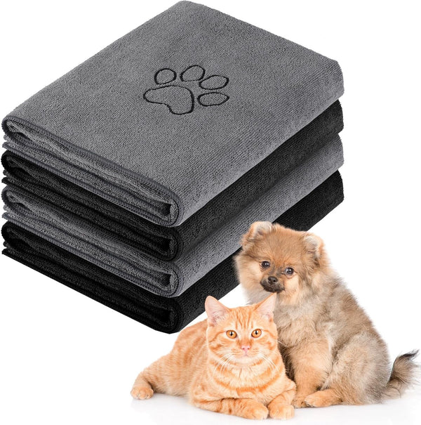 Chumia 4 Pack Dog Towels for Drying Large Microfiber Grooming Tools Absorbent Soft Bath Supplies with Embroidered Paw for Small Medium Pet Products(16 X 32 Inch,Black)8