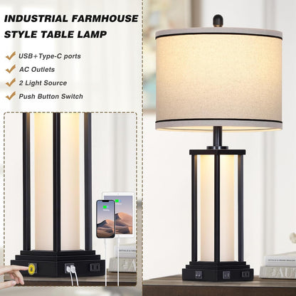27" Tall Vintage Table Lamp Set of 2 with USB C+A & Outlet,Black Industrial End Table Lamp for Living Room,Farmhouse Rustic Bedside Lamps with Frosted Glass Night Light for Bedroom Nightstand,Black3