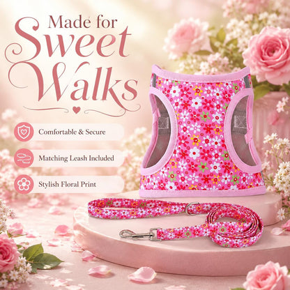 Step in Dog Harness Leash Set- All Weather Reflective No-Pull Floral Pattern Padded Mesh Vest Harness for Cats Puppy Extra-Small Small Medium Large Dogs - Pink Flower - S5