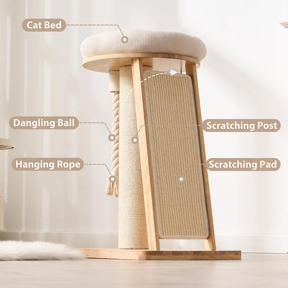 Modern Cat Tree Small Tower with Scratching Post for Indoor, 28 Inch Solid Wood Multifunctional Corner Cat Tree Tower with Bed, Dangling Ball,Interactive Rope, Scratching Board5