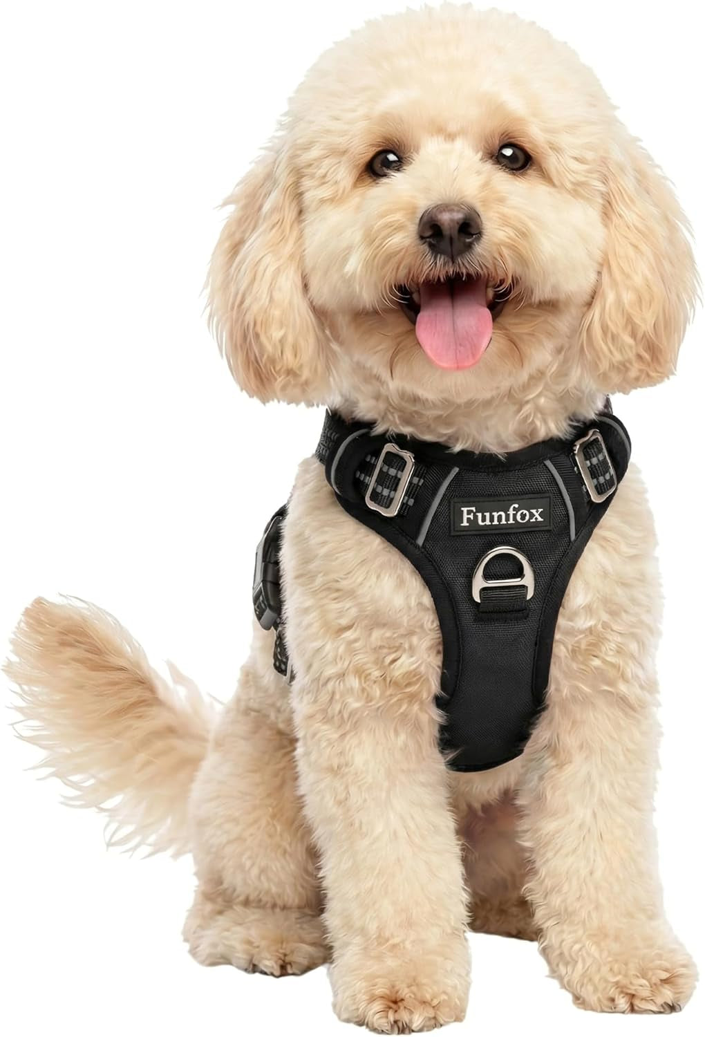 funfox-dog-harness-medium-sized-dog-vertical-handle-easy-control-no-pull-pet-vest-adjustable-with-2-leash-clips-soft-material-reflective-safe-night-walking-for-small-medium-large-breed-black-m
