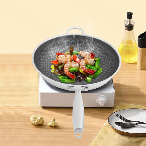 Stainless Steel Honeycomb Wok 14.2" SUS316, Stir-Fry Pan with Tempered Glass Lid & Nonstick Surface, 7-Layer Induction Compatible Frying Pan for Home & Restaurant6