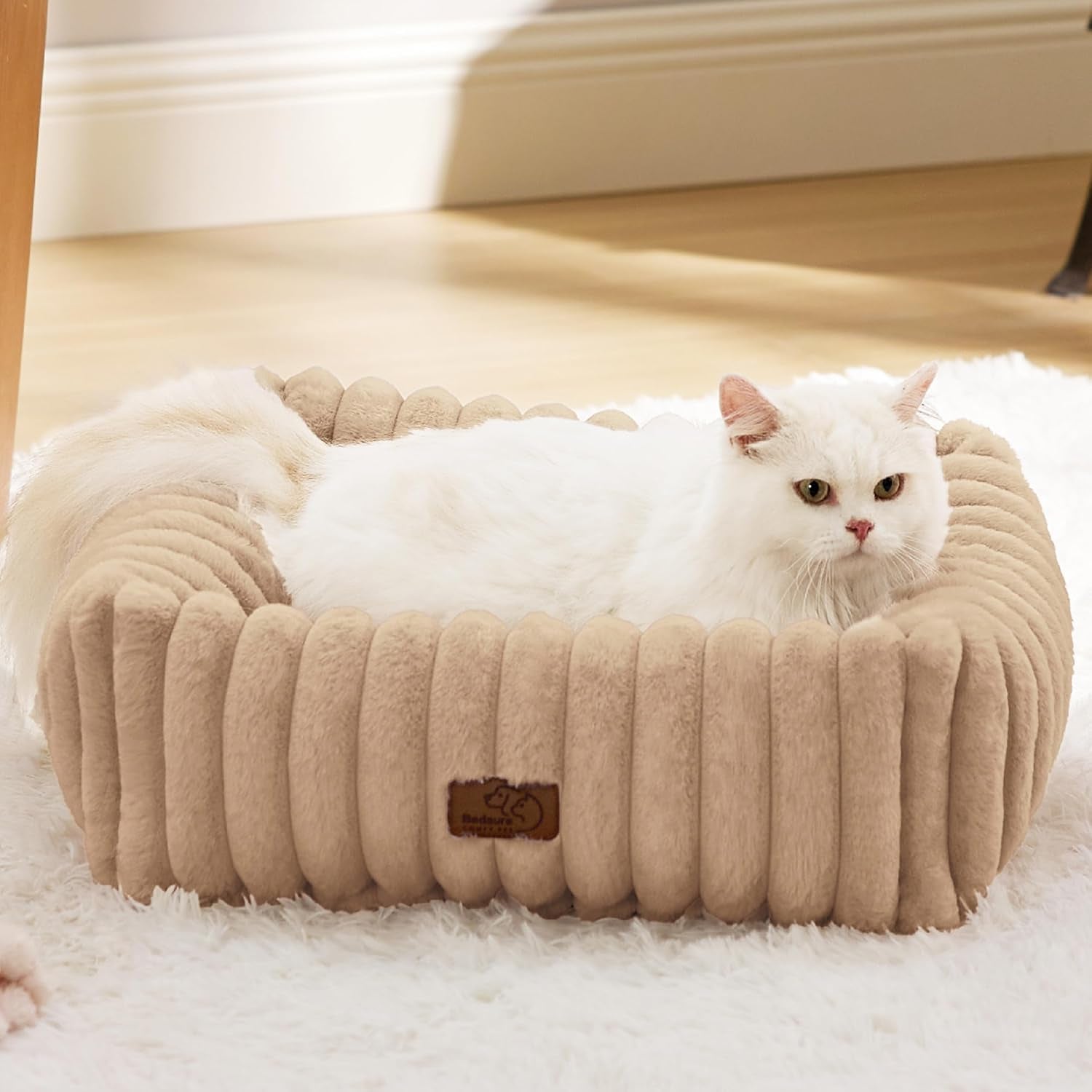 bedsure-comfyfleece™-cute-dog-bed-for-small-medium-dogs-washable-25in-cream-furry-puppy-beds-square-rectangle-orthopedic-corduroy-aesthetic-pet-beds-removable-zipper-cover-non-slip-bottom-up-to-15-lbs