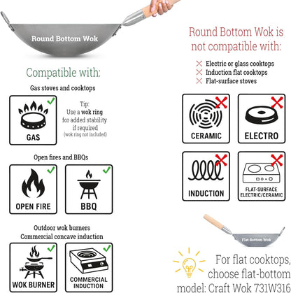 Traditional Hand Hammered Chinese Carbon Steel Wok with Wooden and Steel Helper Handle (14 Inch, round Bottom Pow Wok Pan) / 731W882