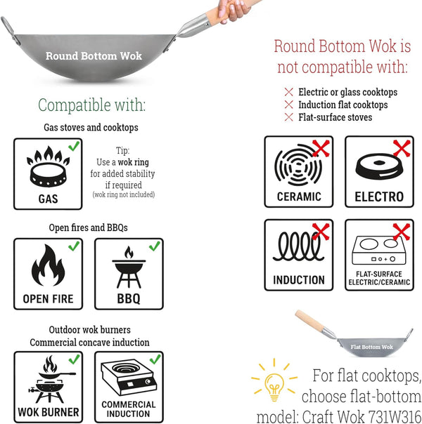 Traditional Hand Hammered Chinese Carbon Steel Wok with Wooden and Steel Helper Handle (14 Inch, round Bottom Pow Wok Pan) / 731W882