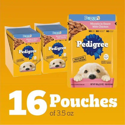 Pedigree Puppy Morsels Wet Dog Food Pouch, Chicken, 3.5 Oz, 16 Count | Steam Cooked, High Quality Animal Protein, DHA Brain Support, Calcium for Teeth & Bones, Topper or Complete Meal5