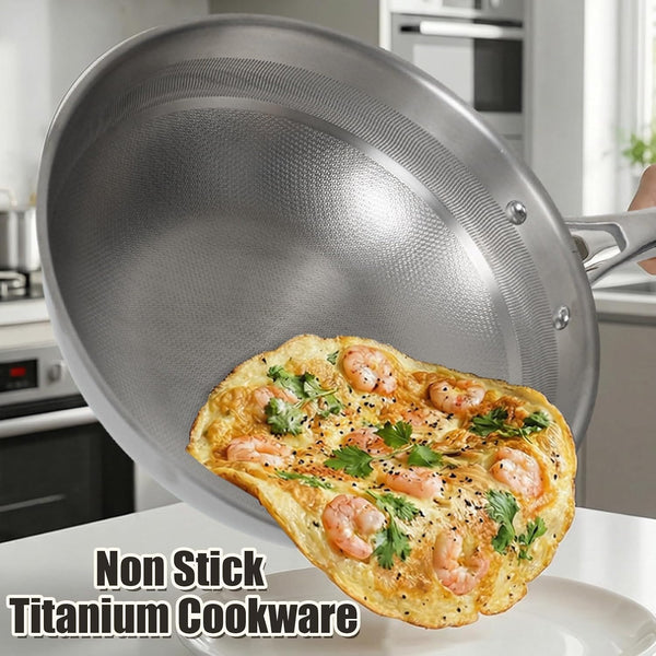 Titanium Hammered Wok with Lid, Pure, No Coating Non-Stick Titanium Pans for Cooking, Flat Bottom Wok, Ultra-Durable, Scratch-Resistant, Compatible with All Cooktops,12.6In4