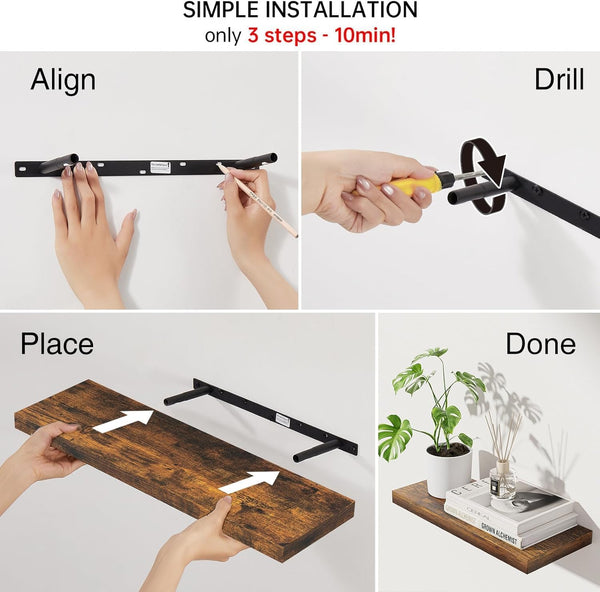 Rustic Brown Floating Shelves 22.5In, Set of 2, Wall Mount Wood Shelf | Easy Install, 22Lbs Max Load, Hidden Bracket, for Bathroom Bedroom Living Room or Kitchen, Hanging Shelf Book Decor Storage6