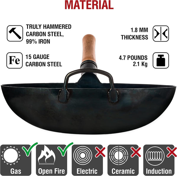 Blue round Bottom Wok Pan – 14" Woks and Stir Fry Pans plus 17" Wok Spatula and Ladle Skimmer Spoon - Stainless Steel Cooking Utensils Set of 35