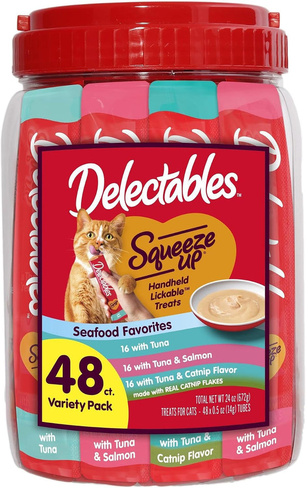 Delectables Squeeze up Seafood Variety Pack, Creamy Squeezable Puree, Lickable Wet Cat Treats, Grain Free, No Added Fillers, No By-Products, No Added Preservatives, 0.5 Ounces Tube, 54 Tubes Total10