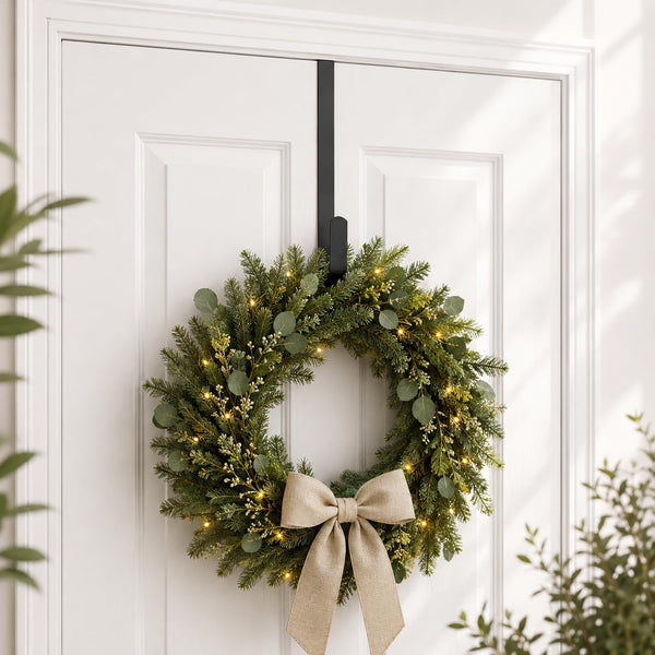 15" Wreath Hanger for Front Door, over the Door Wreath Hook | No Drilling or Screws. Protects Doors, Closes Normally, Holds 22 Lbs for Holiday & Seasonal Décor. Black, 1 Pack2