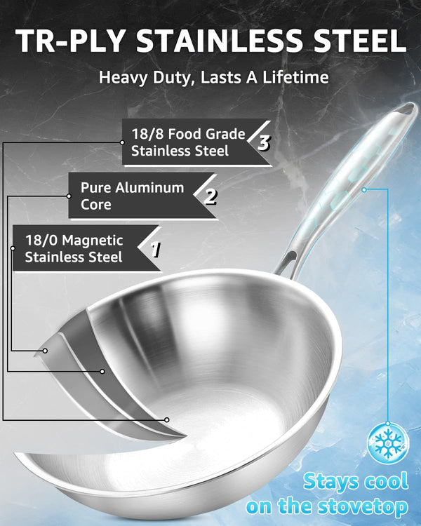 13 Inch Tri-Ply Stainless Steel Wok Pan, Uncoated Wok for Stir Fry | PFOA/PFOS Free, Heavy-Gauge Flat Bottomed Cookware, Suitable for Induction & Electric Stoves, Detachable Handle2