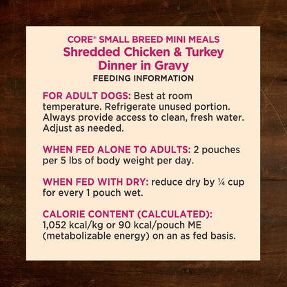 Wellness CORE Small Breed Mini Meals Shredded in Gravy Adult Wet Dog Food, Grain Free, Natural, Chicken and Turkey Dinner Recipe, 3 Oz, Pack of 12 Pouches9