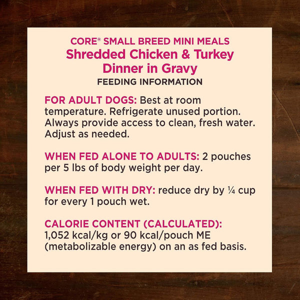 Wellness CORE Small Breed Mini Meals Shredded in Gravy Adult Wet Dog Food, Grain Free, Natural, Chicken and Turkey Dinner Recipe, 3 Oz, Pack of 12 Pouches9