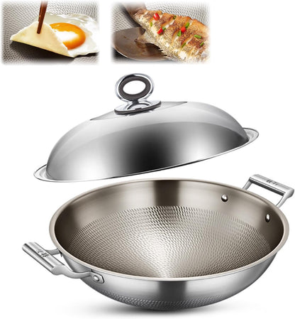 Titanium Wok, Titanium Pans for Cooking, Hammered Pan Pro Cookware | round Bottom Double Handles, PFAS/PFOA/PTFE Free, Non Stick Ultra-Durable Scratch-Resistant Even Heating, with Lid 17.72In1