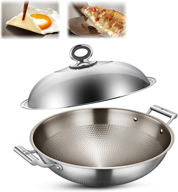 Titanium Wok, Titanium Pans for Cooking, Hammered Pan Pro Cookware | round Bottom Double Handles, PFAS/PFOA/PTFE Free, Non Stick Ultra-Durable Scratch-Resistant Even Heating, with Lid 17.72In1